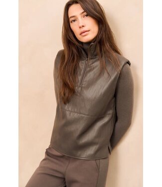 YAYA Sleeveless faux leather top with zip collar - DARK TAUPE GREY