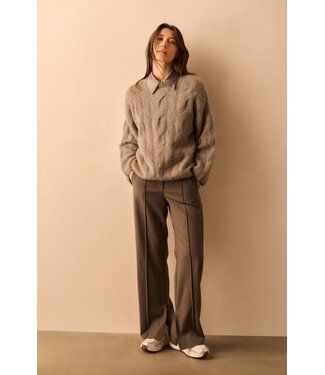 YAYA High waist trousers with double waistband - DARK TAUPE GREY MELANGE