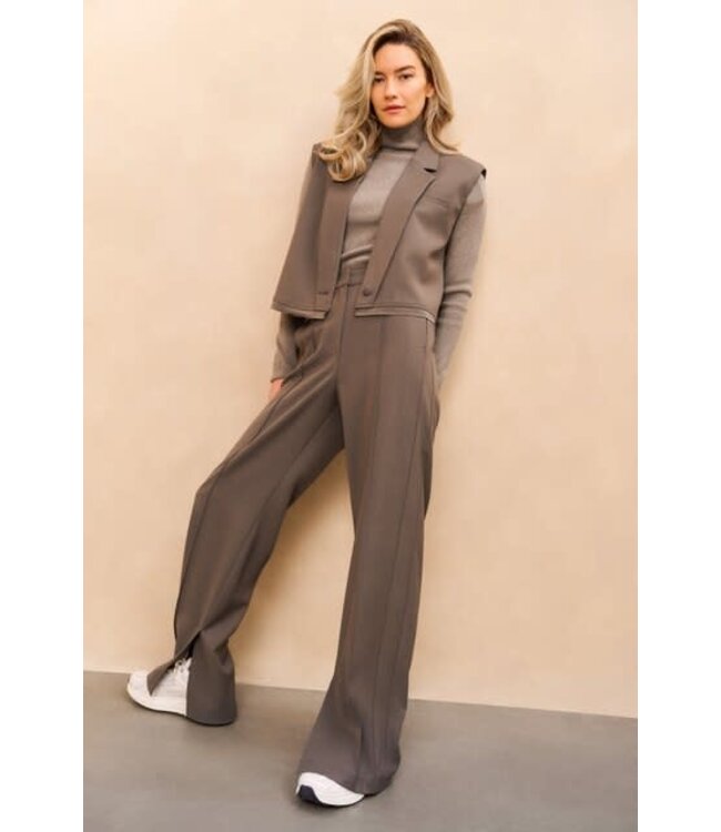 YAYA Wide leg trousers with decorative seams and slit - DARK NIGHT GREY