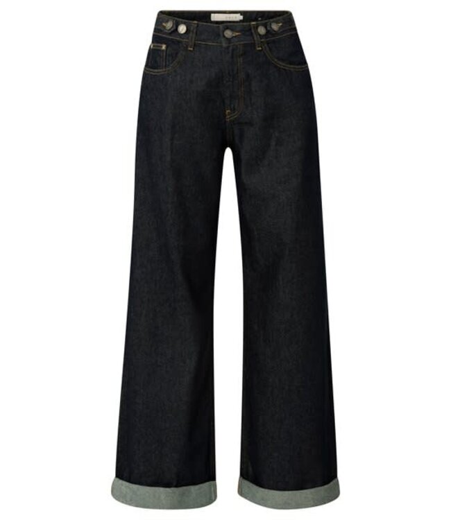 YAYA Loose fit denim with rolled-up hem and high waist - DARK BLUE DENIM