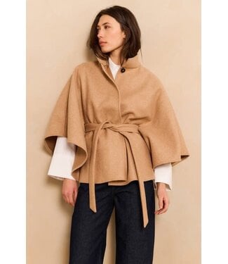 YAYA Soft woven poncho with collar and belt - LIGHT CAMEL MELANGE