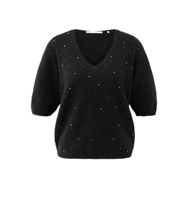 YAYA Soft V-neck sweater with rhinestone details - BLACK