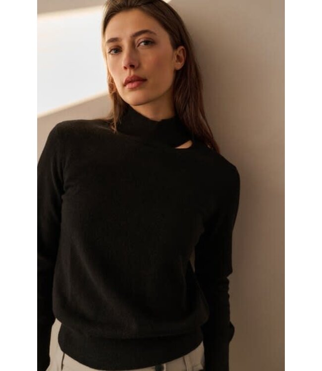 YAYA Fine knit sweater with mock neck and cut-out neckline - BLACK