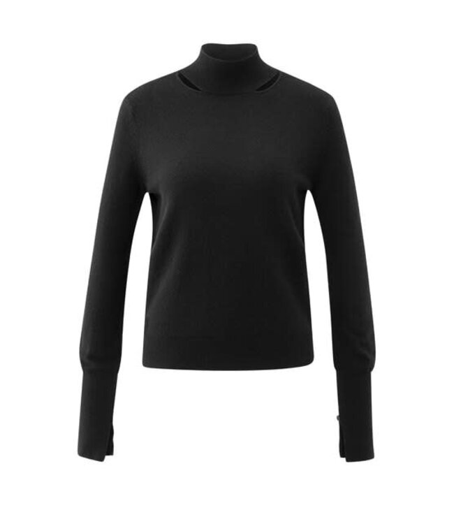 YAYA Fine knit sweater with mock neck and cut-out neckline - BLACK