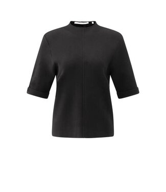 YAYA Fine knit sweater with back button detail and short sleeves - BLACK