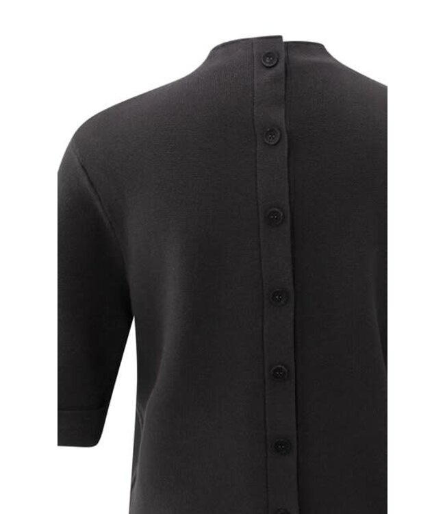 YAYA Fine knit sweater with back button detail and short sleeves - BLACK