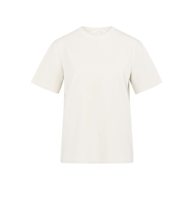 YAYA Short sleeve sweatshirt with ribbed knit neckline - BIRCH BEIGE