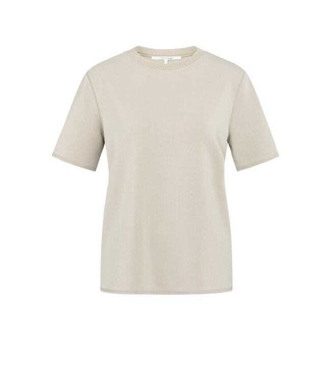 YAYA Short sleeve sweatshirt with ribbed knit neckline - OXFORD TAN BROWN
