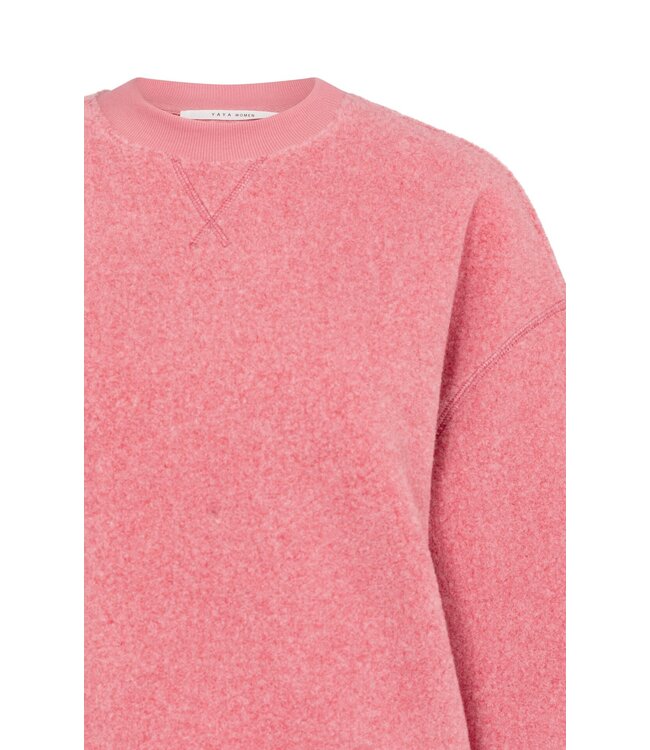 YAYA Teddy sweater with ribbed trims and round neckline - ROSE RED MELANGE