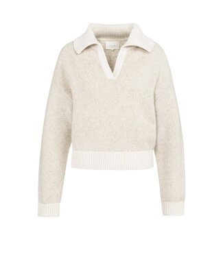 YAYA Knitted sweater with contrast collar and trims - HEATHER GREY DESSIN