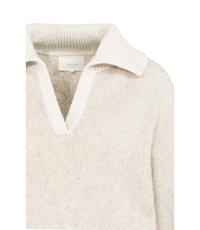 YAYA Knitted sweater with contrast collar and trims - HEATHER GREY DESSIN