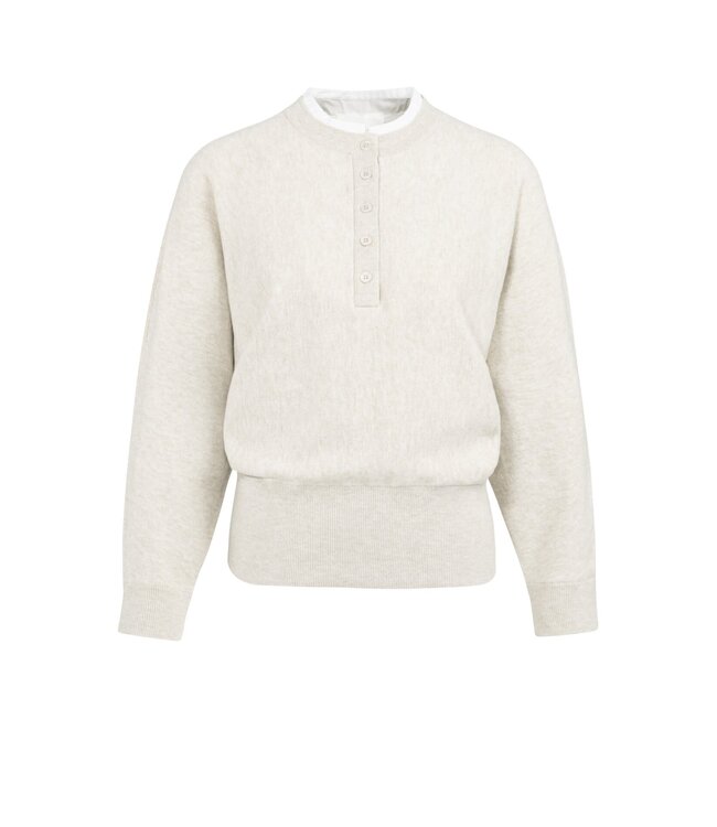 YAYA Sweater with inserted blouse collar and button detail - HEATHER GREY MELANGE