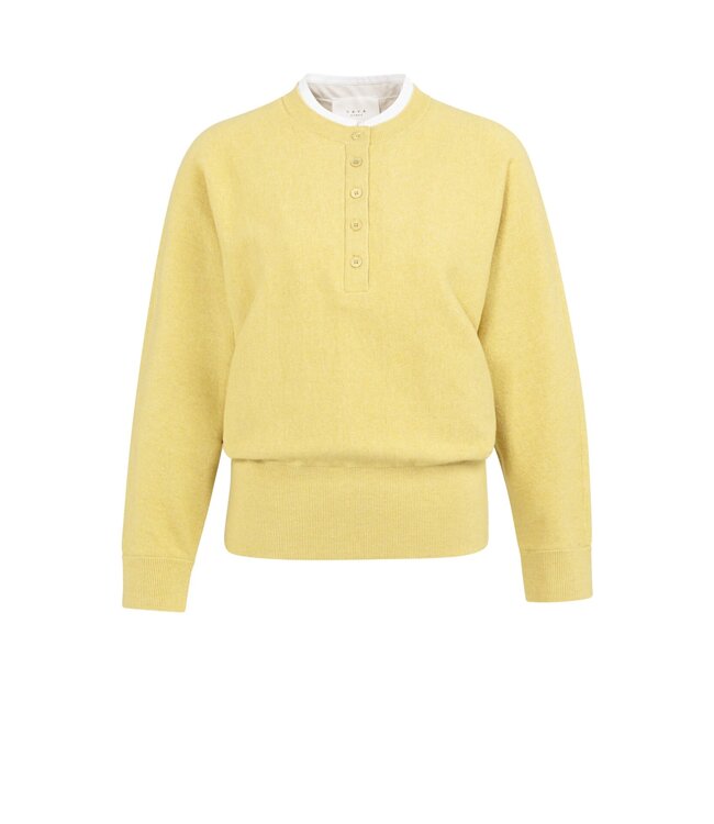 YAYA Sweater with inserted blouse collar and button detail - DRIED MOSS GREEN MELANGE