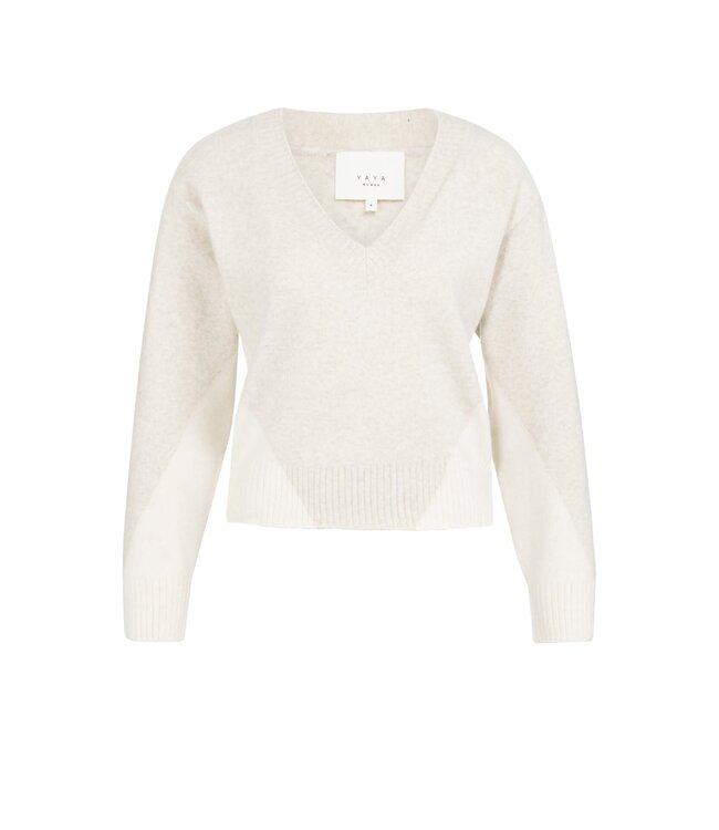 YAYA Knitted sweater with V-neck and colorblock effect - HEATHER GREY DESSIN