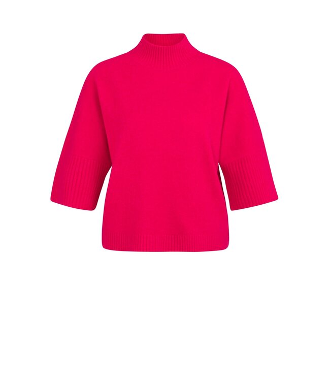 YAYA Sweater with ribbed three-quarter sleeves and mock neck - ROSE RED MELANGE