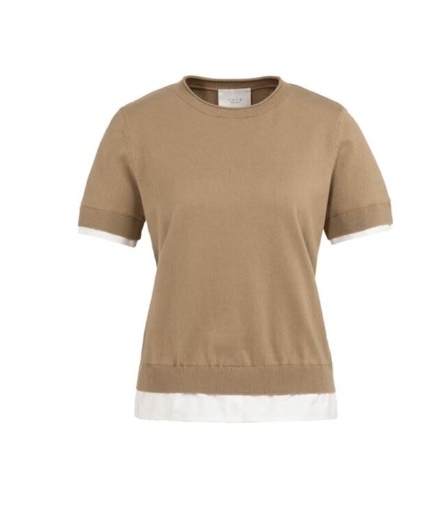 YAYA Knitted top with short sleeves and double blouse hem - KHAKI GREEN