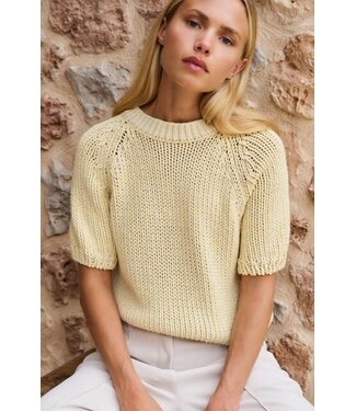 YAYA Chunky knit sweater with short sleeves and round neck - REED YELLOW DESSIN