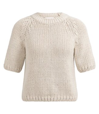 YAYA Chunky knit sweater with short sleeves and round neck - KIT BEIGE