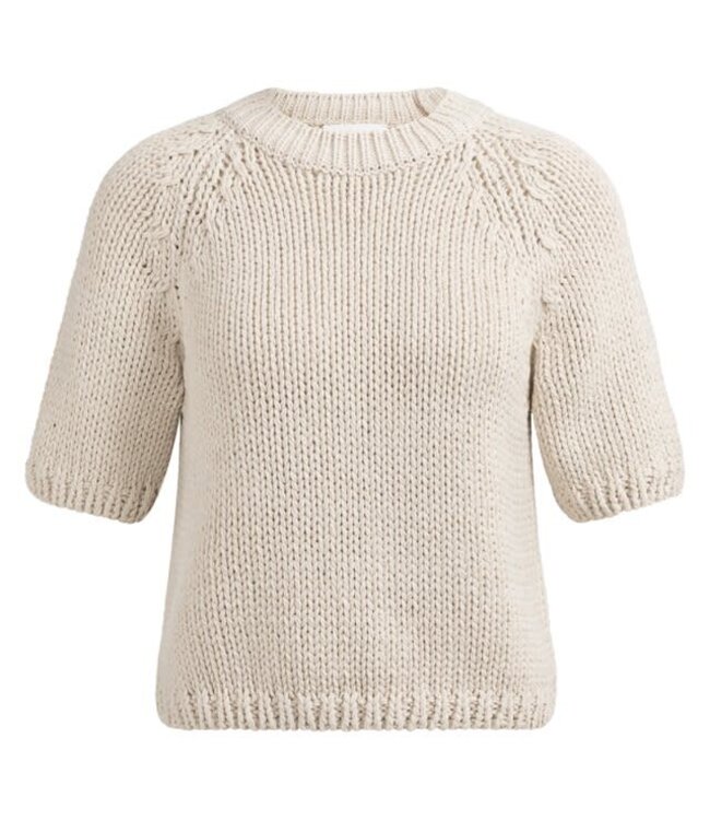 YAYA Chunky knit sweater with short sleeves and round neck - KIT BEIGE