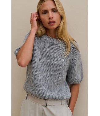 YAYA Chunky knit sweater with short sleeves and round neck - IRON GREY