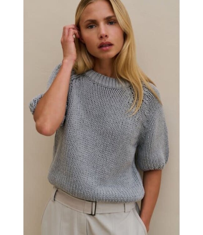 YAYA Chunky knit sweater with short sleeves and round neck - IRON GREY
