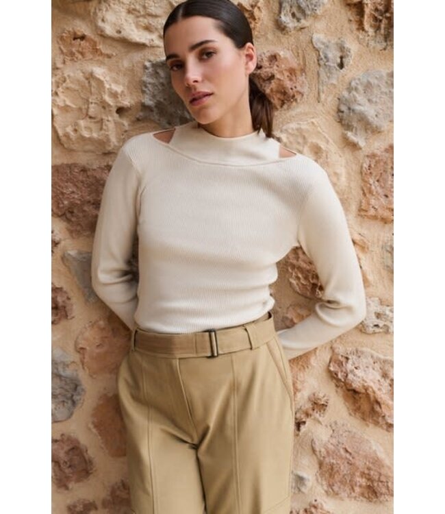 YAYA Fine ribbed sweater with layered neckline and fitted fit - KIT BEIGE