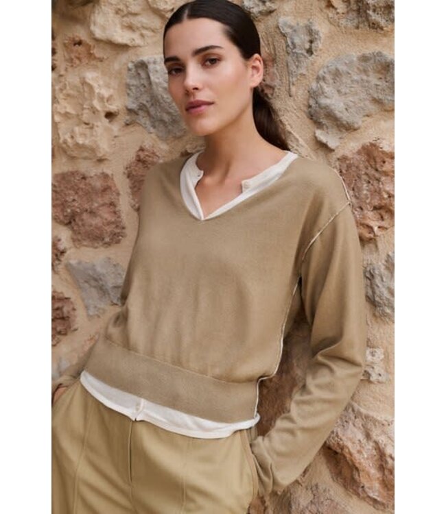 YAYA Sweater with layered look and contrast neckline - KHAKI GREEN DESSIN