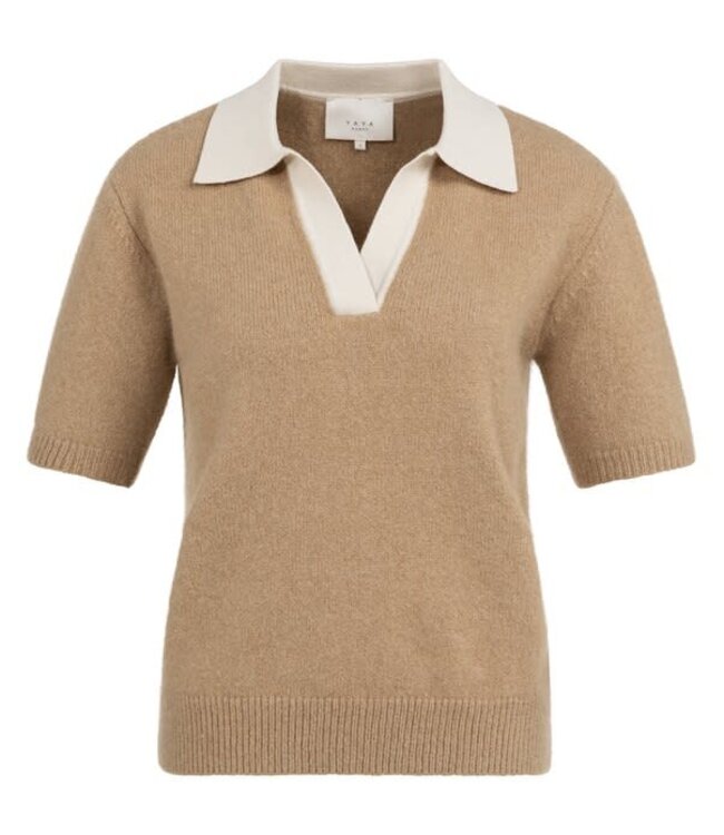 YAYA Knitted short-sleeve sweater with contrast collar - KHAKI GREEN