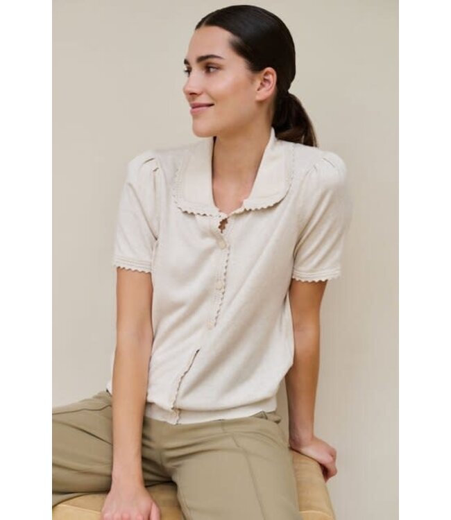 YAYA Knitted zip-up cardigan with short sleeves a stand-up collar - KIT BEIGE MELANGE