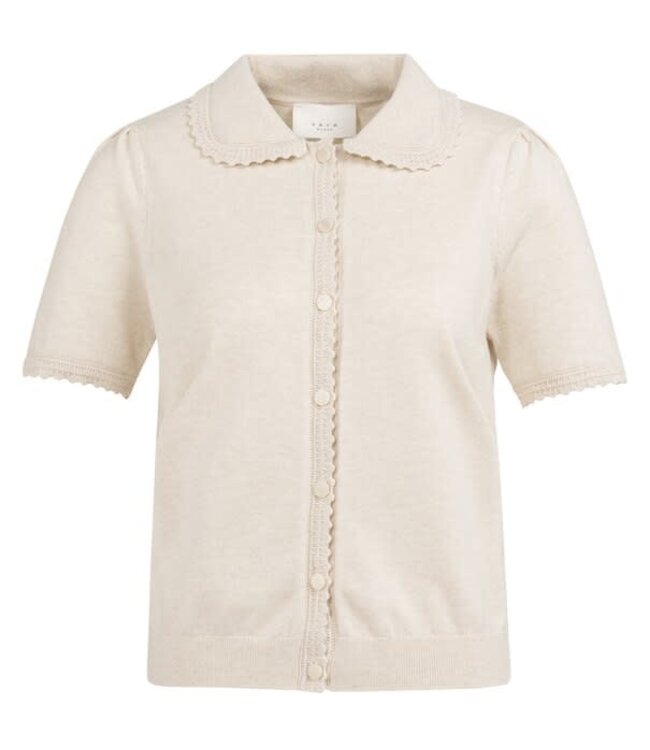 YAYA Knitted zip-up cardigan with short sleeves a stand-up collar - KIT BEIGE MELANGE
