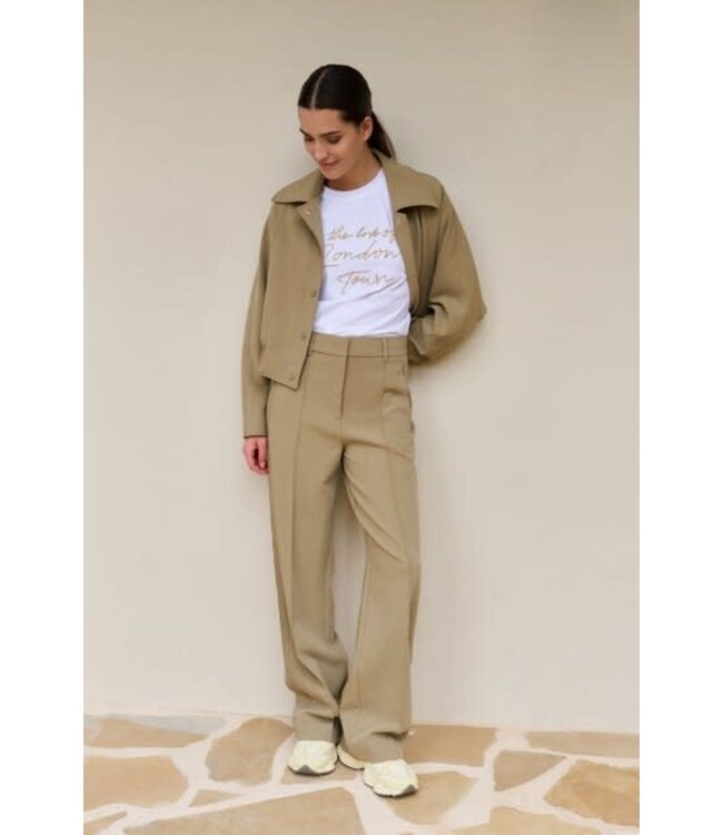 YAYA Woven trousers with wide legs and stitched details - KHAKI GREEN