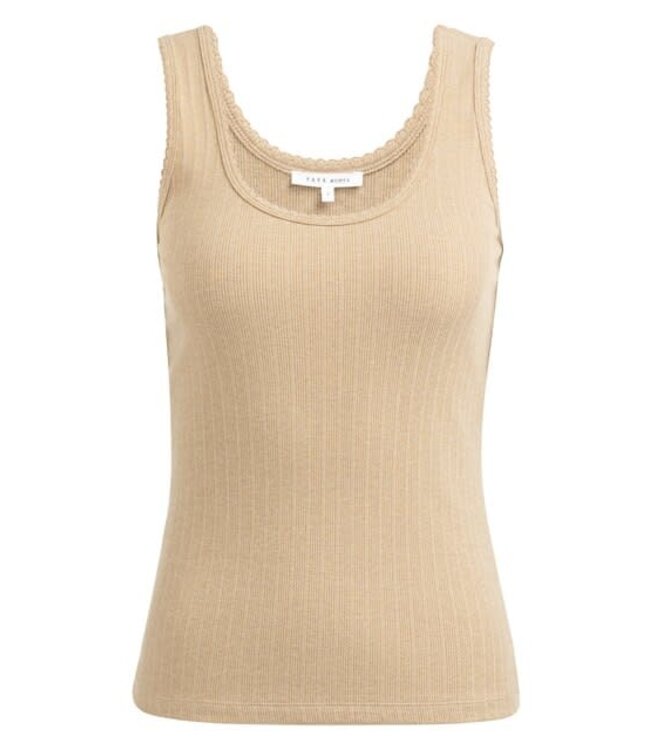 YAYA Ribbed singlet with delicate scalloped edge - KHAKI GREEN MELANGE