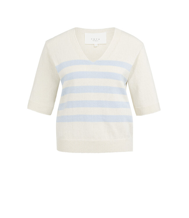 YAYA Knitted V-neck sweater with light blue stripes - ICE BLUE DESSIN