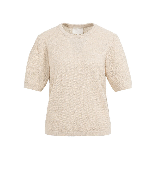 YAYA Textured knitted sweater with short sleeves - DESERT BEIGE DESSIN
