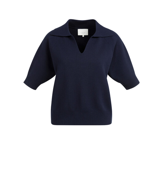 YAYA Knitted sweater with collar and short sleeves - NAVY BLAZER BLUE