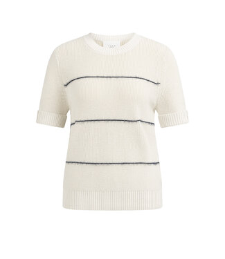 YAYA Knitted short sleeve sweater with fuzzy stripes - NAVY BLAZER DESSIN