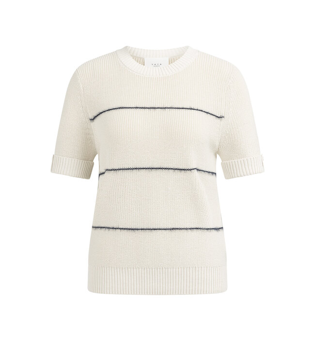 YAYA Knitted short sleeve sweater with fuzzy stripes - NAVY BLAZER DESSIN