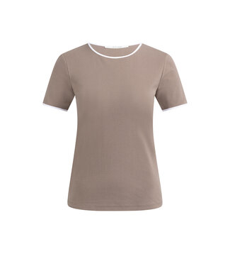 YAYA T-shirt with contrasting trim and round neck - DEEP TAUPE BROWN