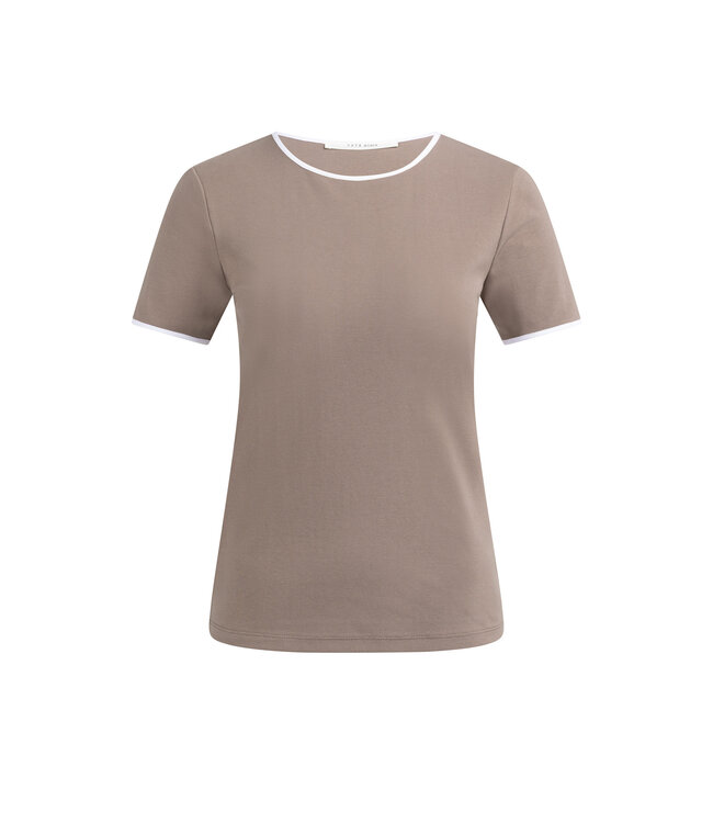 YAYA T-shirt with contrasting trim and round neck - DEEP TAUPE BROWN