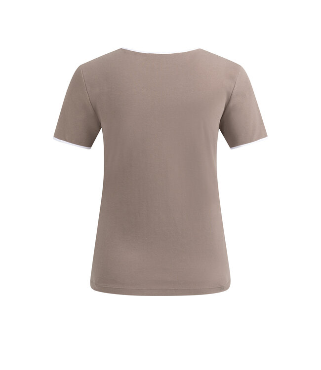 YAYA T-shirt with contrasting trim and round neck - DEEP TAUPE BROWN