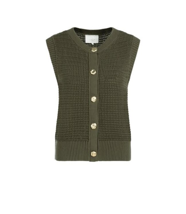 YAYA Textured sleeveless cardigan with fancy buttons - ARMY GREEN