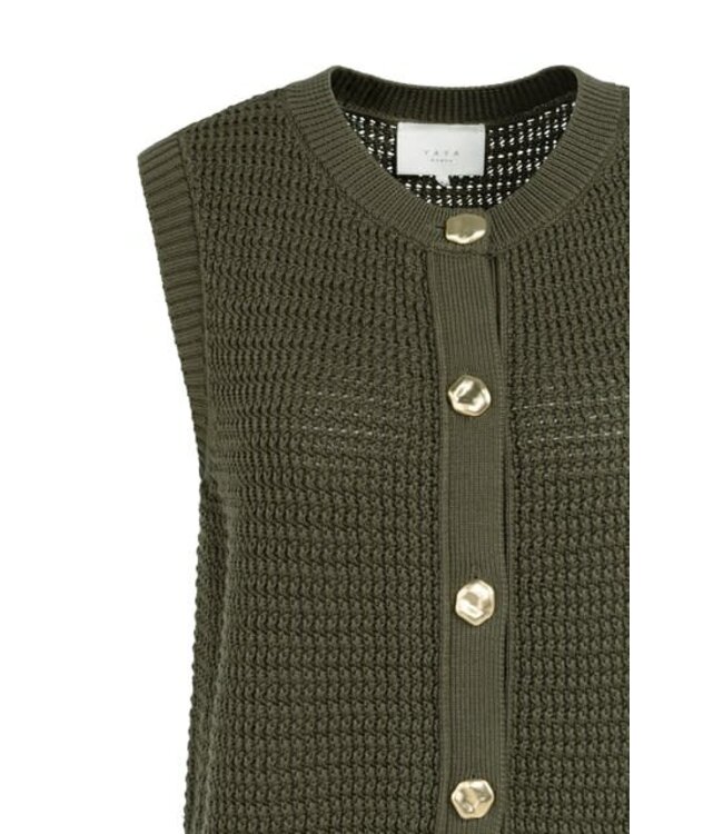 YAYA Textured sleeveless cardigan with fancy buttons - ARMY GREEN