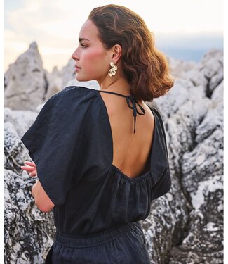 Esqualo Blouse back detail linen - Black