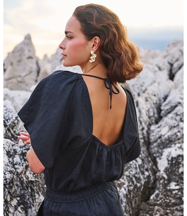 Esqualo Blouse back detail linen - Black