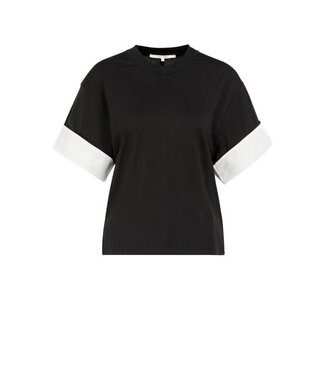YAYA Jersey top with woven details at cuff and hem - BLACK