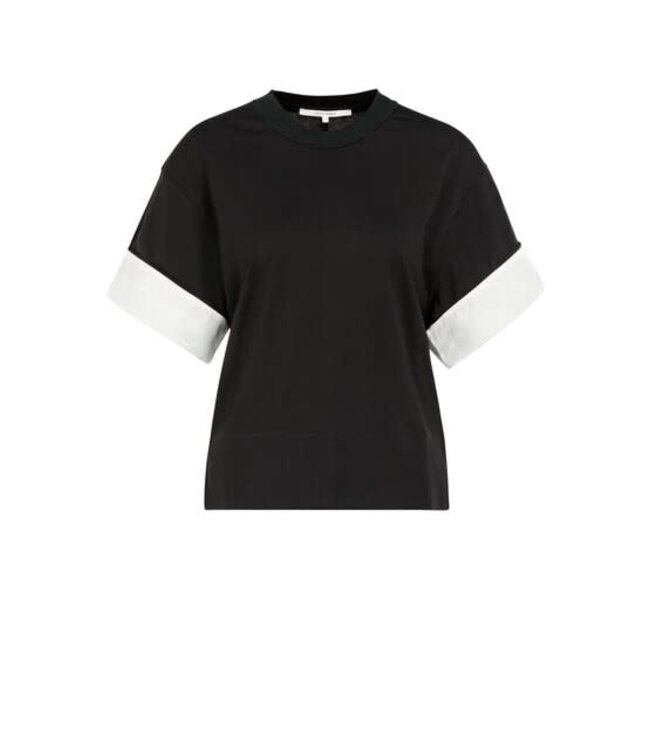 YAYA Jersey top with woven details at cuff and hem - BLACK