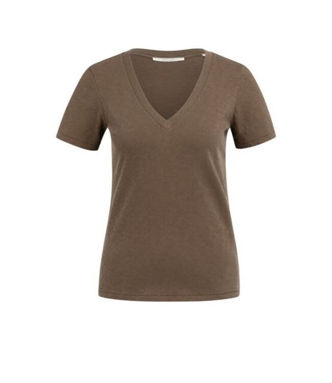 YAYA Short sleeve V-neck t-shirt with washed outlook - WASHED BROWN