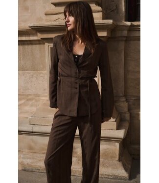 YAYA Pinstripe blazer with tie belt - SLATE BLACK BROWN DESSIN
