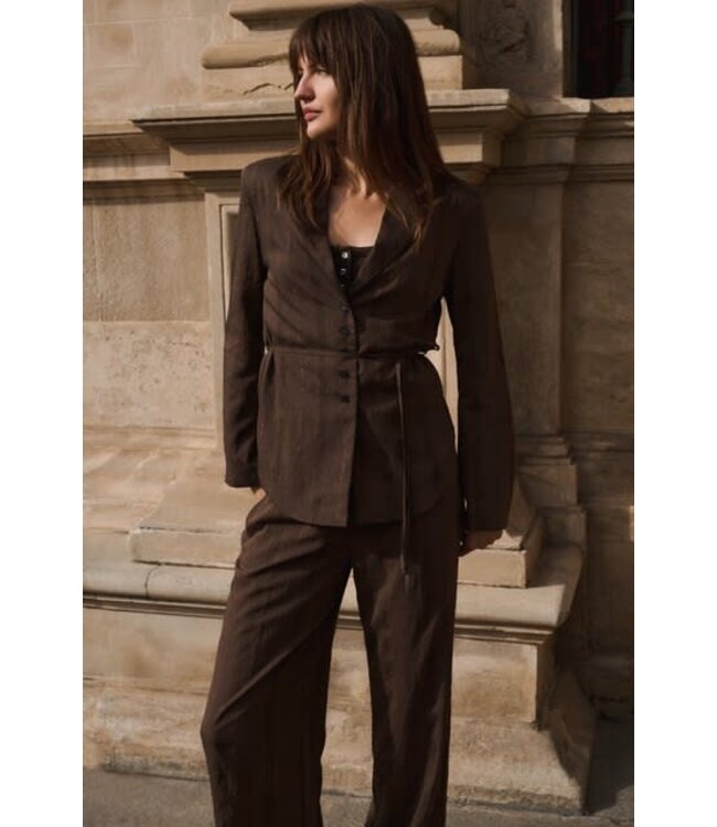 YAYA Pinstripe blazer with tie belt - SLATE BLACK BROWN DESSIN
