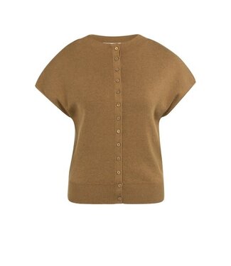 YAYA Knitted cardigan with short sleeves and front buttons - FOXTROT BROWN MELANGE